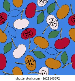 Seamless pattern with apples on sky blue background for surface design, posters, illustrations. Healthy foods, veganism theme