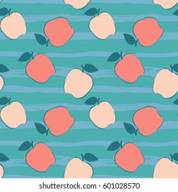 Seamless pattern with apples on striped grunge background. Vector illustration