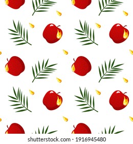 Seamless pattern with apples, palm leaves and honey drop on white background. Pattern for Rosh Hashana banner