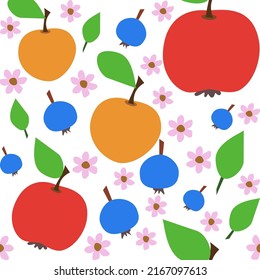 Patrón sin mar con manzanas, melocotones y arándanos con flores rosas.