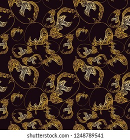 seamless pattern with apples and pears in an abstract style with a golden outline, on a dark background, hand drawing, vector eps10