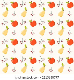 Seamless pattern with apples, pears and berries. Hand drawn vector illustration in warm colours. Background for Autumn harvest holiday, Thanksgiving, Halloween, seasonal, textile, scrapbooking.