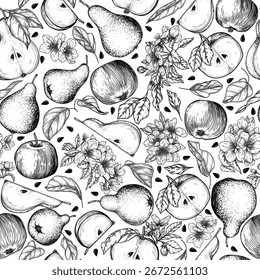 Padrão contínuo de maçãs e peras. Frutos, folhas e flores