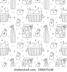 A seamless pattern with apples, pears, leaves, basket. Doodle style