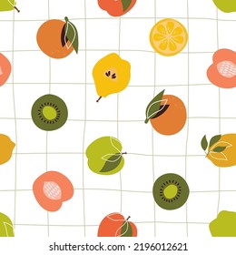 Seamless pattern with apples, pears, lemons, oranges, kiwis, tangerines. Bright summer fruit berry print Vector graphics.