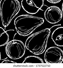 seamless pattern, apples and pears in monochrome colors, background with fruit in doodle style, ornament for wallpaper and fabrics, scrapbooking paper
