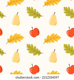 Seamless pattern with apples, pears and  oak leaves. Hand drawn vector illustration in warm colours. Background for Autumn harvest holiday, Thanksgiving, Halloween, seasonal, textile, scrapbooking.