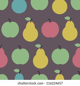 Seamless pattern with apples and pears on the dark background. Vector illustration.