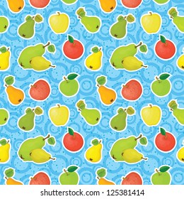 Seamless pattern, apples and pears on a blue background with circles. Vector