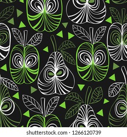 Seamless pattern of apples and pears on black background in white and green outline. Abstract fruit print.