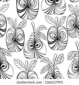 Seamless pattern of apples and pears on white background in black outline. Abstract fruit print.