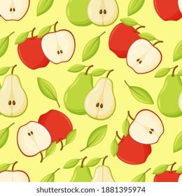 Patrón sin foco con manzanas y peras en el fondo. La mitad de manzana madura y la pera. 