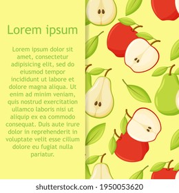 Patrón sin foco con manzanas y peras en el fondo. La mitad de manzana madura y la pera. Papel de escritorio, impresión, embalaje, papel