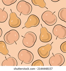 Seamless pattern of apples and pears on a pink background for textile. Fruity pattern of pink and yellow elements on a pink background for wallpaper.