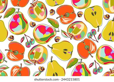 Seamless pattern with apples and pears on white. Colorful and bright background with fruits. Modern pattern. Hand drawn, cartoon style. Vector illustration.