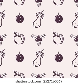 Seamless pattern of apples, pears, plums and berries on beige background. Hand-drawn black line art. Fruit harvest and organic food concept. Vector autumn design