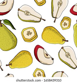 Seamless pattern of apples, pears, slices of bananas. Cartoon vector illustration. Stock illustration. Isolated over white background. Design for wallpaper, kitchen, fabric, textile, packaging