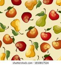 Seamless pattern from apples and pears.Apples and pears on a colored background in a seamless pattern.