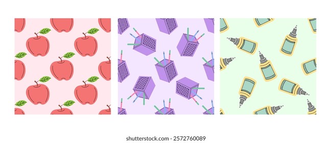 Seamless pattern with apples, pencil holders and glue bottles on pastel background

