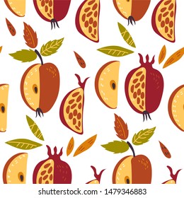 Seamless pattern with apples and pomegranate, traditional symbols of Rosh Hashana - Jewish New Year vector illustration. Endless background texture for summer and autumn seasonal holidays.