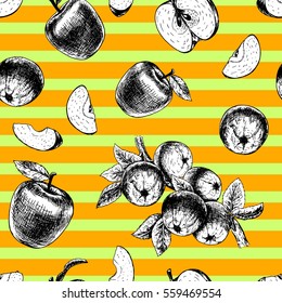 Seamless pattern with apples. Retro sketches isolated. Vintage style. Linear graphic design. Black and white image of fruit. Vector illustration.