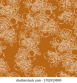 Seamless pattern with apples and rowan branches twisted by foliage. Beige background with white autumn patterns of fruits.