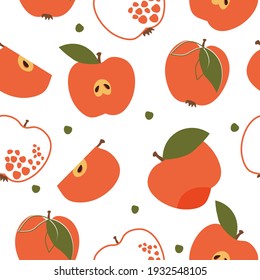 Seamless pattern with apples, slices, leaves. An ornament with bright summer fruits for prints, wallpaper, packaging, textiles. Vector graphics.