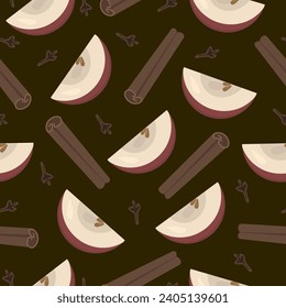 Patrón sin foco con manzanas y especias. Ilustración en un fondo oscuro con palos y clavijas de canela