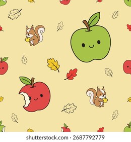 Padrão contínuo de maçãs e esquilos no outono.