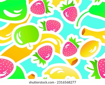 Patrón sin foco con manzanas, fresas, plátanos, peras y limones con trazo en 3d. Mezcla veraniega de bayas. Diseño para imprenta, carteles y afiches. Ilustración del vector