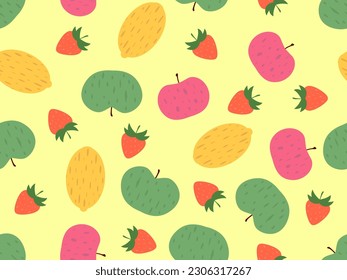 Patrón sin foco con manzanas, fresas y limones en un fondo amarillo. Patrón de frutas de verano. Diseño para imprimir en tela, papel y banners. Ilustración del vector