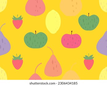 Seamless pattern with apples, strawberries and lemons and a pear on a yellow background. Summer fruit pattern. Design for printing on fabric, paper and banners. Vector illustration