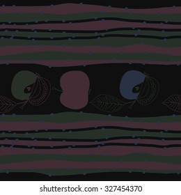 Seamless   pattern with apples  and stripes motif, spots,apples, leaves. Hand drawn.