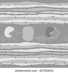 Seamless   pattern with apples  and stripes motif, spots,apples, leaves. Hand drawn.