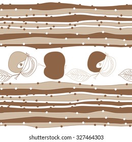 Seamless   pattern with apples  and stripes motif, spots,apples, leaves. Hand drawn.