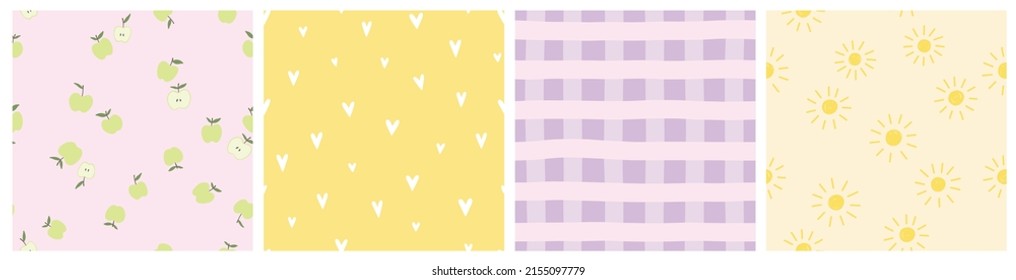 Nahtloses Muster mit Äpfeln, Sonne, Herzen und abstrakten Elementen. Vektorhintergründe mit handgezeichneten Früchten, karierten Mustern. Kreative Textur für Gewebe, Textilien