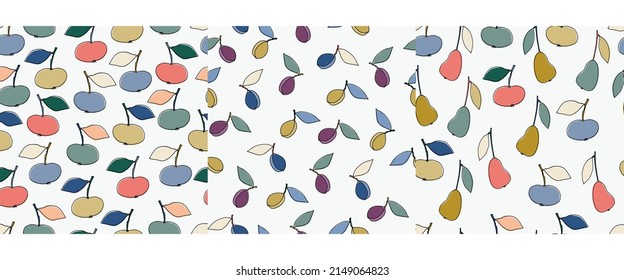 Seamless pattern with apples for surface design, posters, illustrations. Isolated elements on light-coloured background. Healthy foods, veganism theme