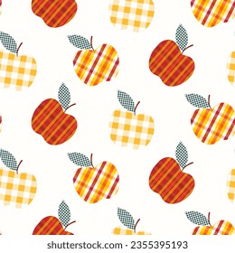 Seamless pattern of apples in tartan texture, on isolated background. Hand drawn background for Autumn harvest holiday, Thanksgiving, Halloween, seasonal, textile, scrapbooking.