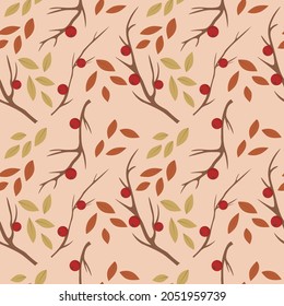 Nahtloses Muster mit Äpfeln, Ästen und Herbstblättern auf beigem Hintergrund. Perfekt für Gewebe, Verpackung, Textilien, Tapete, Geschenkpapier, Musterfüllung, Web-Hintergrund.Vektorgrafik.