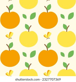 Patrón sin foco con manzanas. Ilustración vectorial. Fondo de verano con frutas, hojas y mariposas. Imprimir para niños.