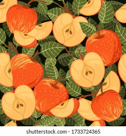 Patrón sin soldadura de manzanas trozos enteras, semicortados y cortados con hojas verdes ilustración vectorial plana sobre fondo negro con ramas marrones