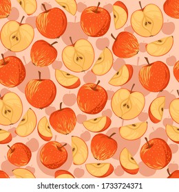 Seamless pattern of apples whole halved and sliced pieces flat vector illustration on beige background