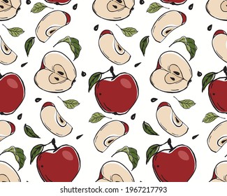 seamless pattern with apples, whole, halves with leaves and seeds, stylized vector graphics