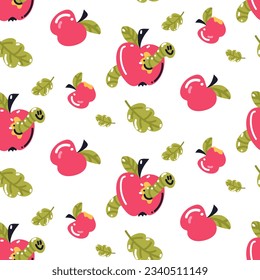 Seamless pattern with apples and worms in an apple and autumn leaves on a white background. Natural fruit design for autumn. The theme of the school is to gnaw the granite of science. Cartoon texture