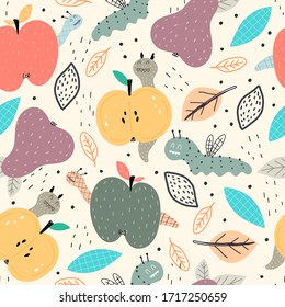 Seamless pattern with apples, worms, pears, caterpillars, decor elements on a neutral background.