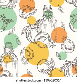 Seamless pattern with apricot and bottle of apricot essential oil. Cosmetic, perfumery and medical plant. Vector hand drawn 