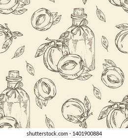 Seamless pattern with apricot and bottle of apricot essential oil. Cosmetic, perfumery and medical plant. Vector hand drawn