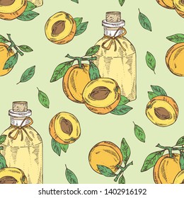 Seamless pattern with apricot and bottle of apricot essential oil. Cosmetic, perfumery and medical plant. Vector hand drawn