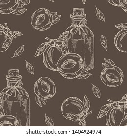 Seamless pattern with apricot and bottle of apricot essential oil. Cosmetic, perfumery and medical plant. Vector hand drawn