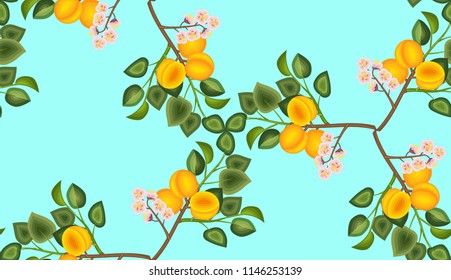Seamless pattern of apricot branches with fruits and flowers.